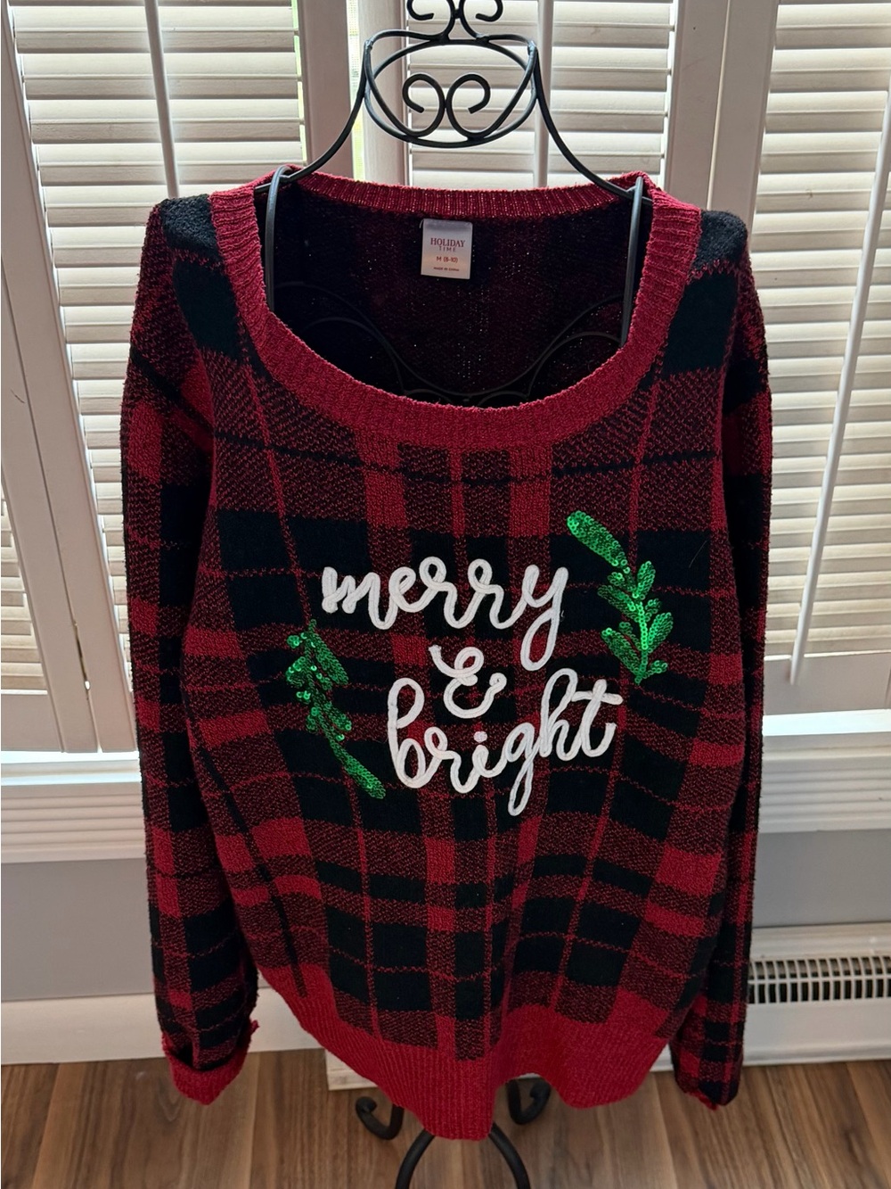 Holiday Time Red and Black Plaid "Merry & Bright" Women's Sweater